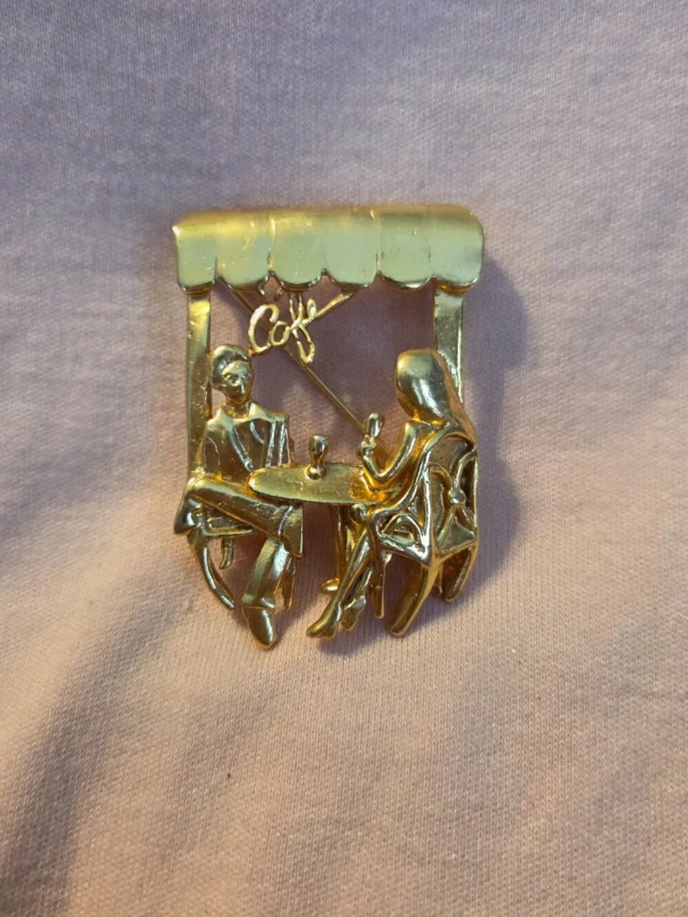 Vintage Gold-Tone Café Scene Brooch | Retro Cafe Bistro Couple Figural Lapel Pin